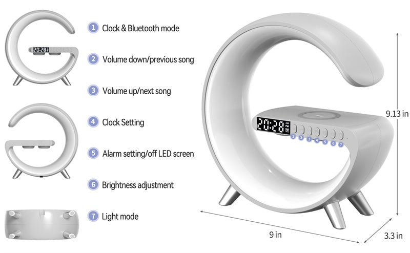 Smart G-Shaped LED Lamp with Bluetooth Speaker & Wireless Charger