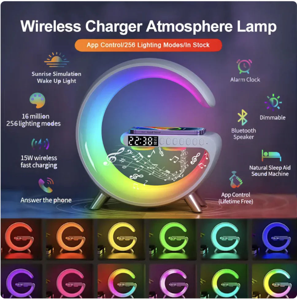 Smart G-Shaped LED Lamp with Bluetooth Speaker & Wireless Charger